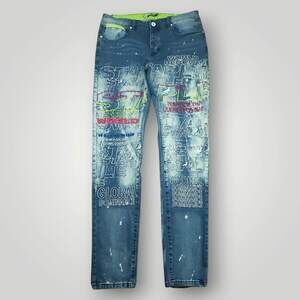 Staple Pigeon Jeans Mens 38x32 Skinny Button Fly Bleached Graffiti Stacked